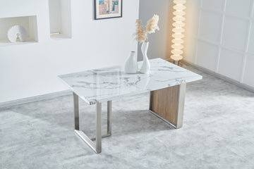 Elegant Luxurious Imitation Marble Mdf Dinning Table For 6 Or 8, Rectangular 63"L*35.4"W*29.8"H, Walnut Stainless Steel Legs Modern, Durable, Easy To Assemble For Kitchen Living Room Meeting, White White Gray Seats 6 Brown Ergonomic Kitchen