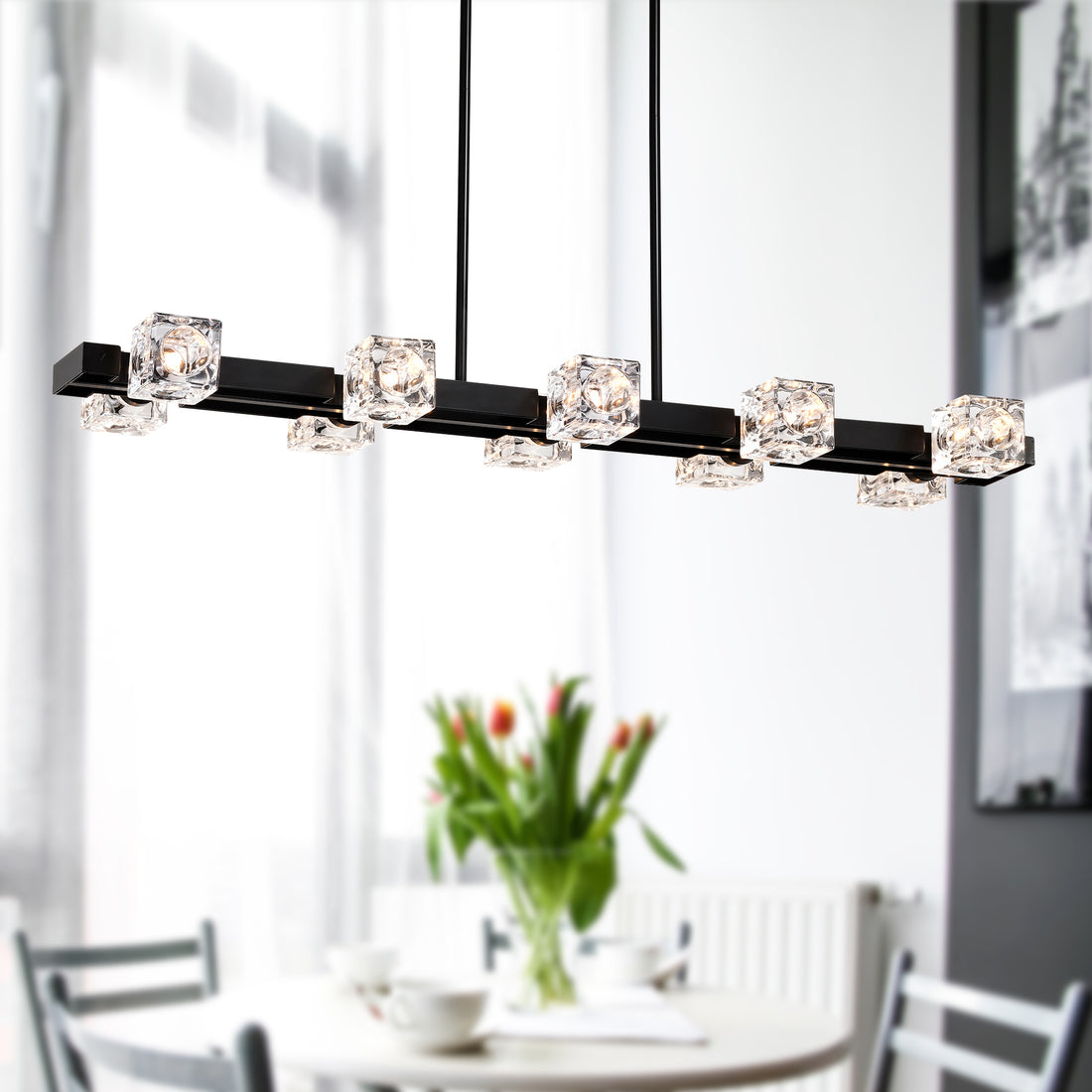 Rectangle Chandelier For Dining Room, 8 Light Black Farmhouse Linear Pendant Light Fixture, Modern Crystal Hanging Lighting Chandelier For Lobby, Kitchen, Bedroom, Living Room, Conference Room, Home