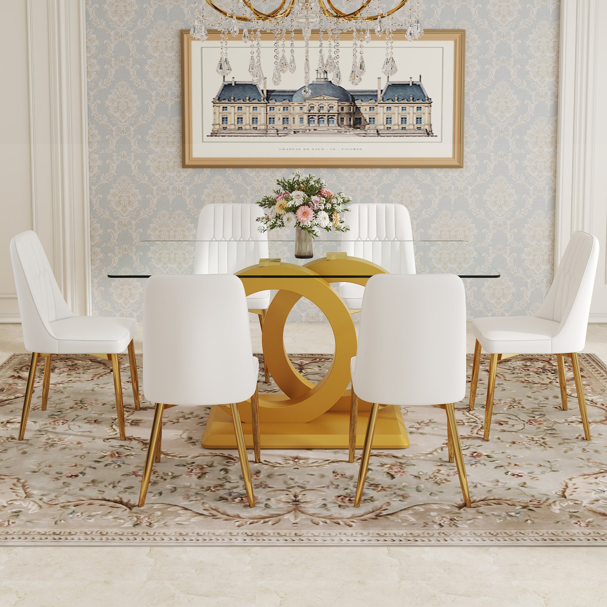 Table And Chair Set.63"W X 35.4"D X 30"H Clear Tempered Glass Desk And Chair Set With 6 White Pu Chairs With Gold Metal Legs.Bring A Comfortable Home Experience To The Kitchen, Bedroom, And Office.