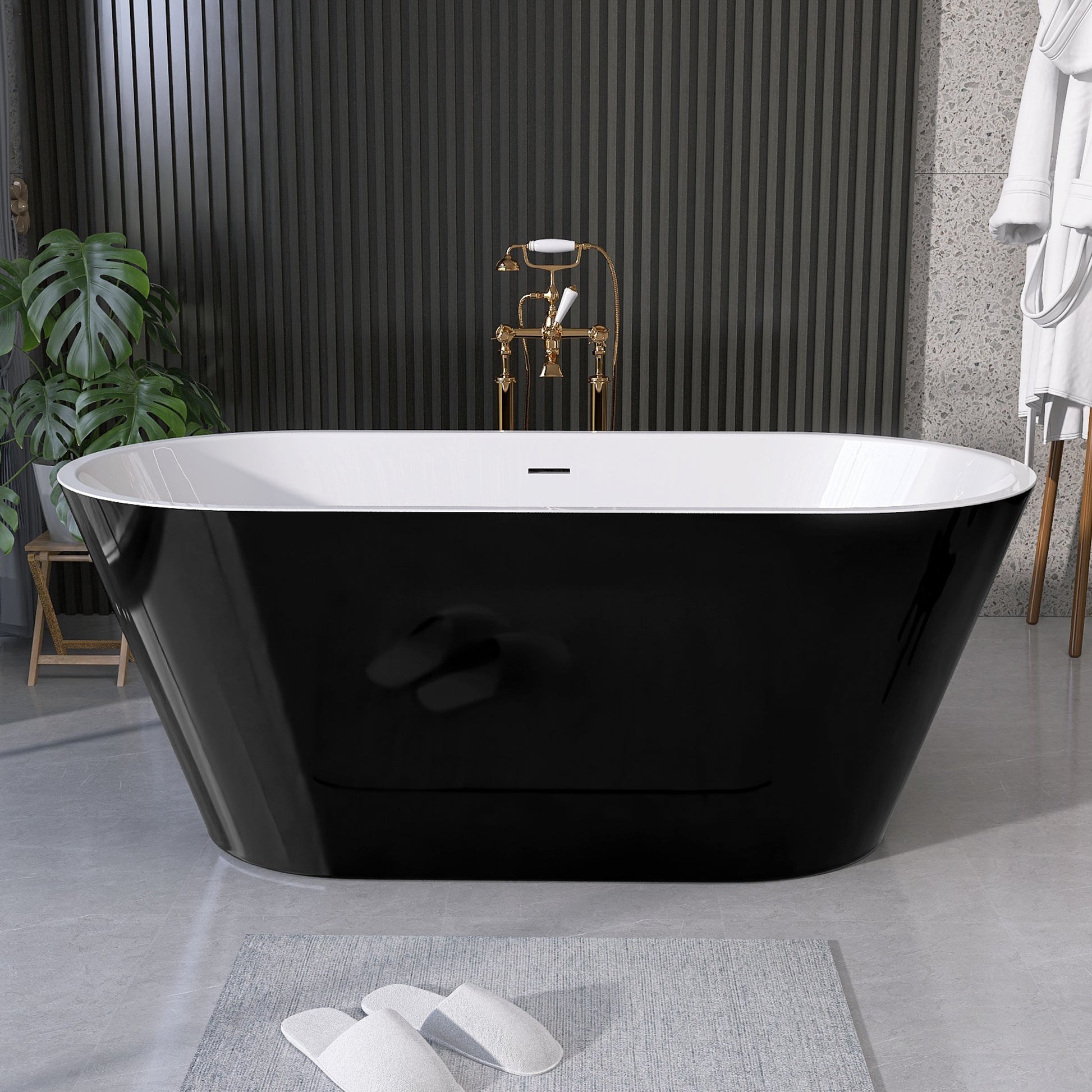 55 Inch Acrylic Freestanding Bathtub Contemporary Soaking White Tub With Overflow And Pop Up Drain Gloss Black Black White Oval Bathroom Freestanding Tubs Polished Less Than 59 In Contemporary,Modern Soaking Center Fiberglass Acrylic