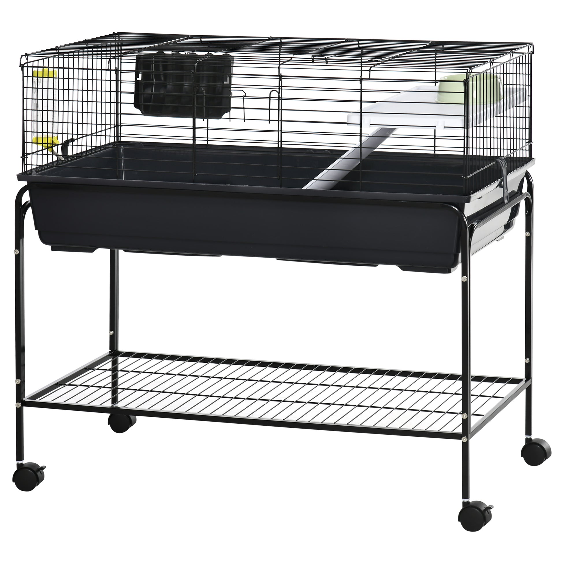 Pawhut Two Story Small Animal Cage Removable From Stand, Guinea Pig Cage, Hedgehog Cage, Chinchilla Cage, Ferret, With Shelf & Wheels, Pet Habitat, 39" X 20.5" X 36.5" Black Grey Plastic