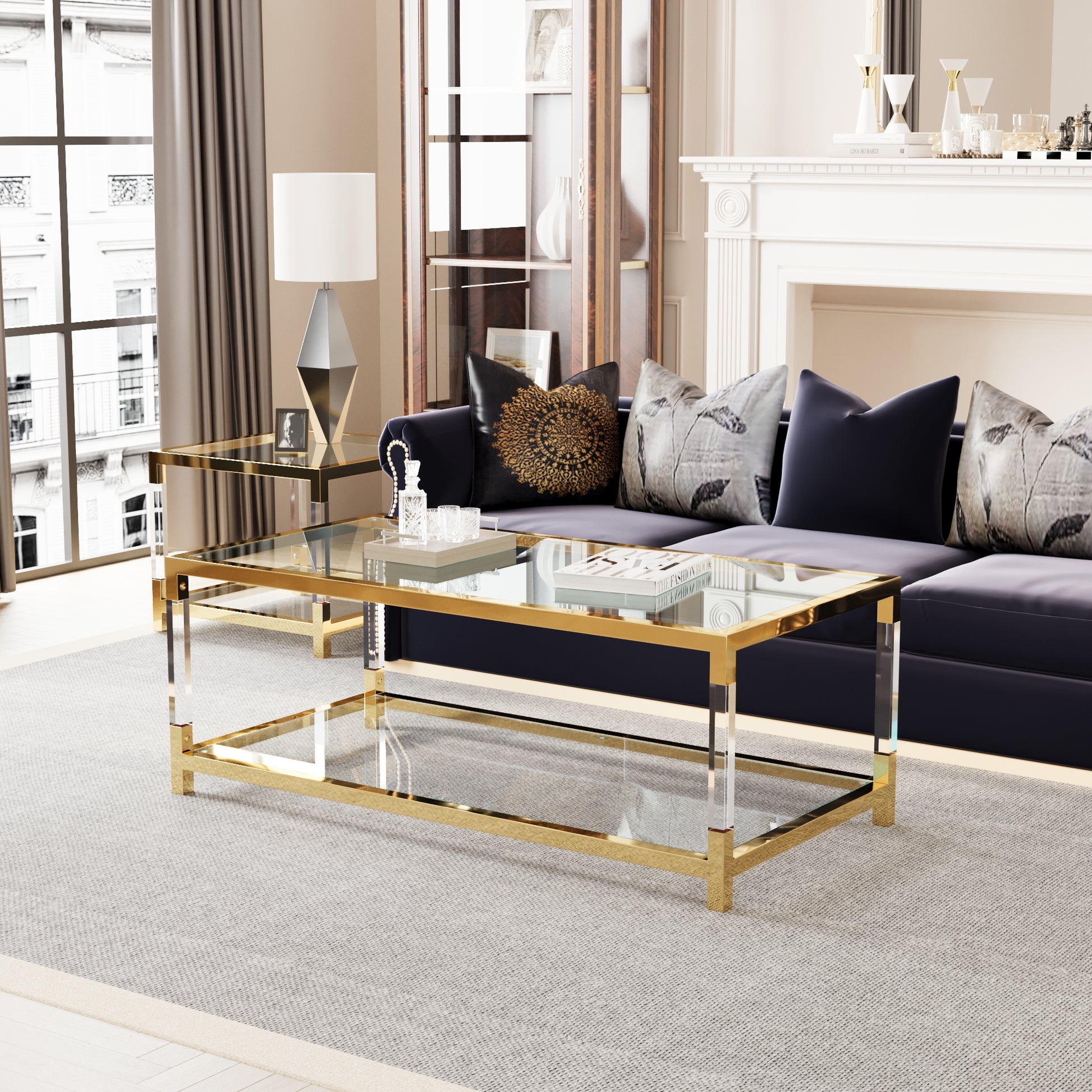 Modern Minimalist Living Room Furniture Set, Stylish Transparent Acrylic Leg Coffee Table, Square Edge Table, Tempered Glass Face Tea Table Combination Gold End Table Golden,Transparent Glass Acrylic