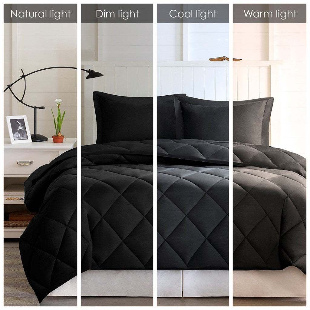 3M Scotchgard Diamond Quilting Reversible Down Alternative Comforter Set Queen Black Polyester