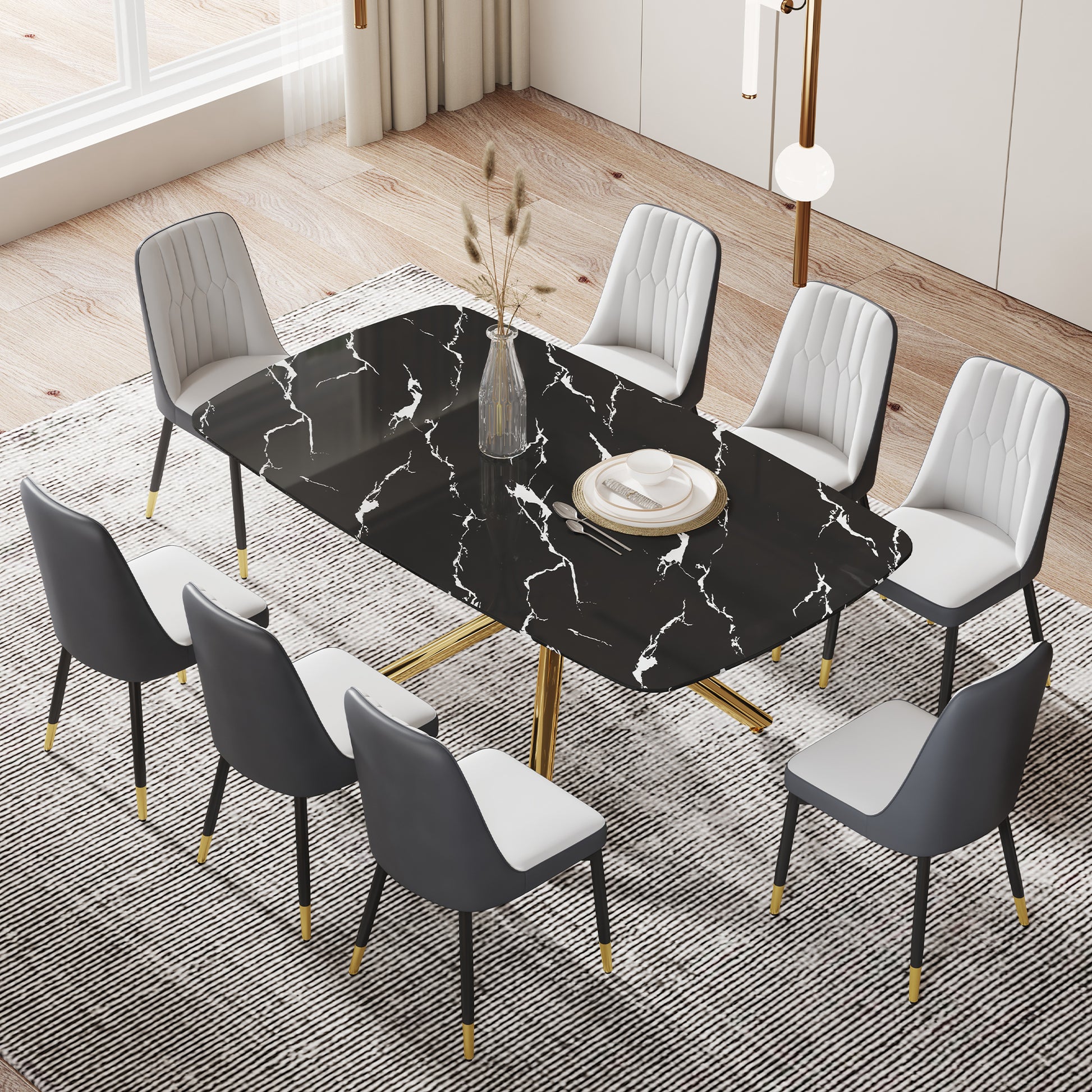 Large Modern Minimalist Rectangular Dining Table With 0.39 "Imitation Marble Black Tabletop And Golden Metal Legs, For Kitchen Dining Living Meeting Room Banquet Hall 1537 Black Glass