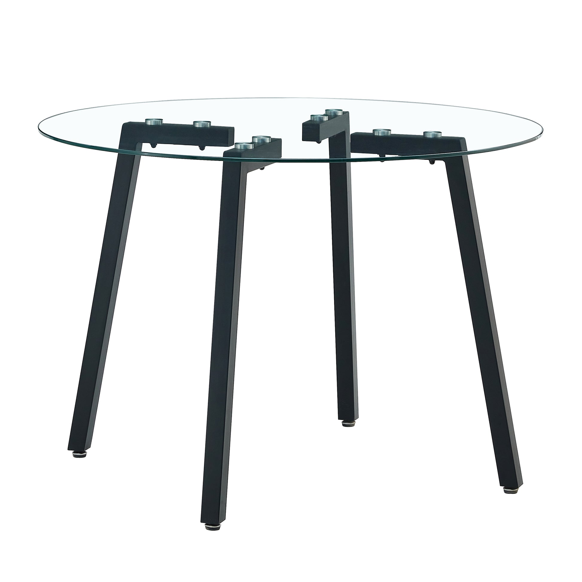 Table And Chair Set.A Modern Minimalist Style Round Clear Tempered Glass Table With Black Metal Legs.Paried With 4 Chairs With Modern Pu Leather High Back Upholstered And C Tube Black Metal Legs.