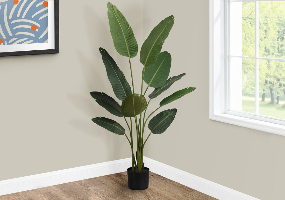 Artificial Plant, 60" Tall, Bird Of Paradise Tree, Indoor, Faux, Fake, Floor, Greenery, Potted, Decorative, Green Leaves, Black Pot Green Foam Plastic