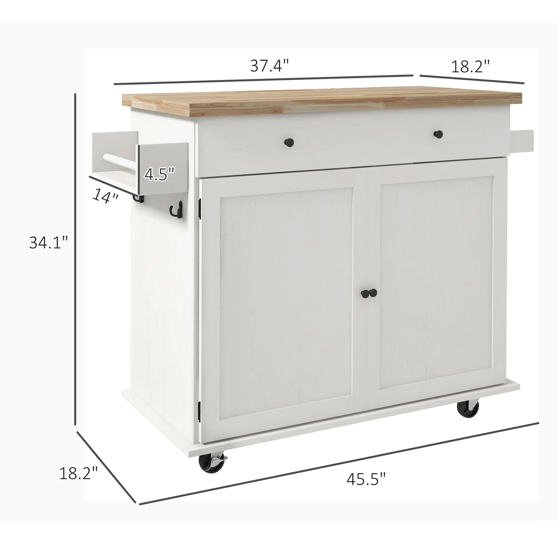 Homcom Kitchen Island With Storage, Farmhouse Rolling Kitchen Island Cart On Wheels With Drawer, 2 Cabinets, Rubberwood Top, Spice Rack, Towel Racks And 2 Hooks, Distressed White White Wood