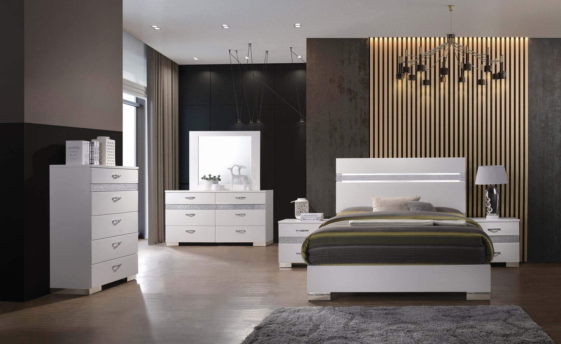White High Gloss Queen Bed Box Spring Required Queen White Wood White Bedroom Contemporary Panel Wood
