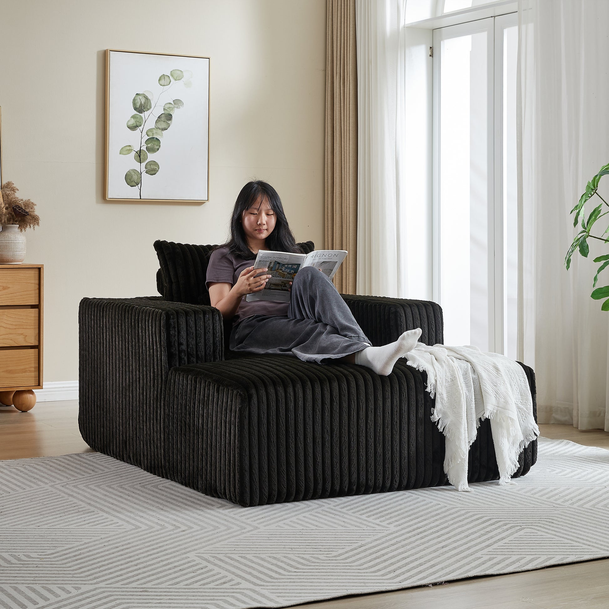 62.5 Inch Corduroy Sponge Sofa Lounge Chair,No Assembly Required,Fluffy Modern Sleeper Chair For Indoor Living Room Bedroom Black Foam Corduroy 1 Seat