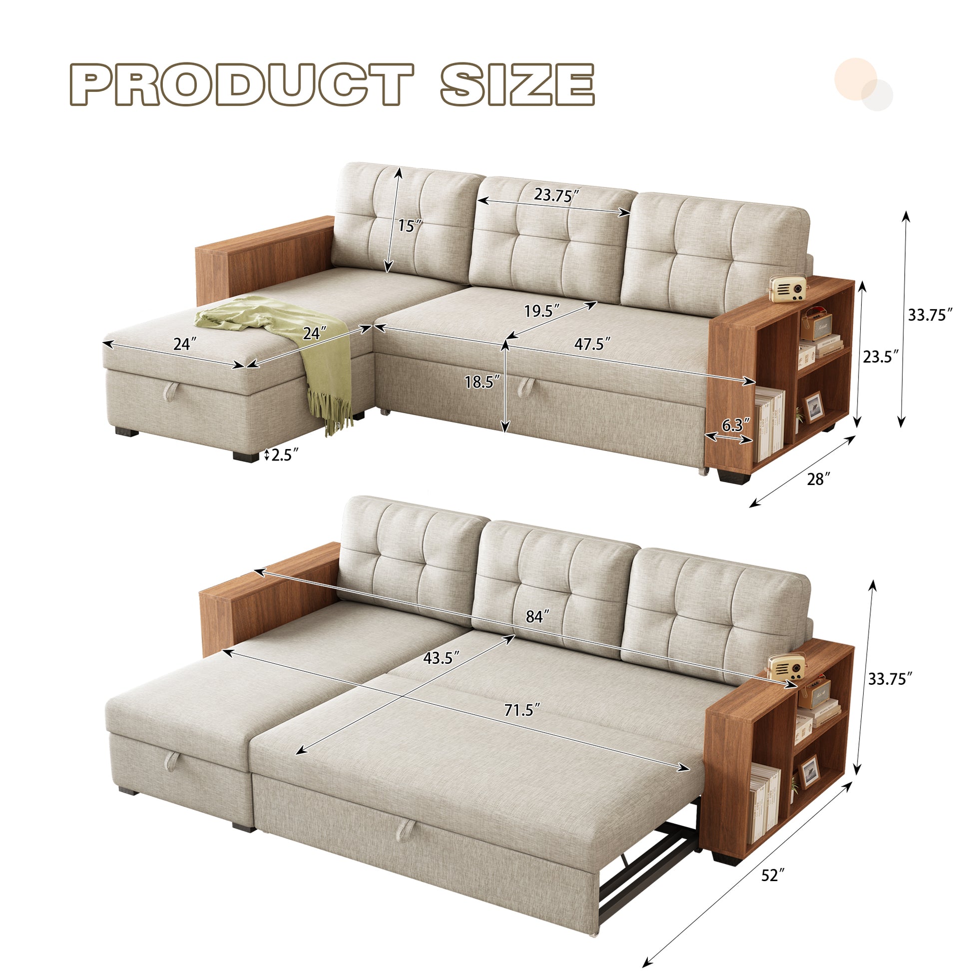 Upholstered Pull Out Sectional Sofa With Storage Chaise, Convertible Corner Couch, Beige Wooden Handrail Beige Wood Medium Soft Pillow Back Modern Square Arms Linen 3 Seat