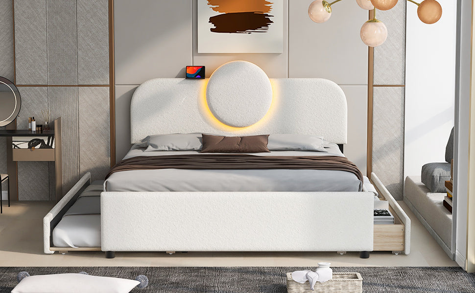 Queen Size Upholstered Platform Bed With Multi Functional Headboard, Trundle And 2 Drawers, White Box Spring Not Required Queen White Wood Bedroom Upholstered