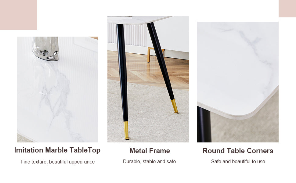 Table And Chair Set, White Imitation Marble Texture Rock Board Table Top, Black Metal Table Legs.Paired With 4 White Artificial Leather Backrest Cushion Dining Chairs With Black Metal Legs. White Black Seats 4 Metal