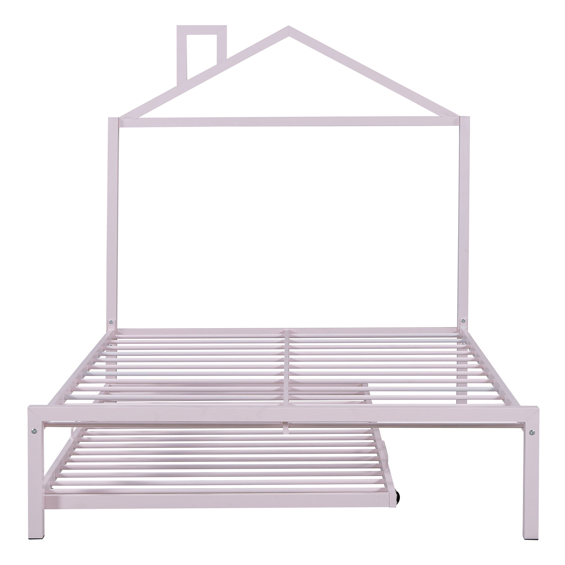 Full Size Metal Platform Bed With Twin Size Trundle,House Shaped Headboard Design, Pink Full Pink Metal