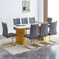 Table And Chair Set.Large Modern Rectangular Table With 0.4 Inch Patterned Glass Tabletop And Large Mdf Table Legs.Comes With 8 Chairs With Faux Leather Cushioned Seats And Golden Metal Legs. Gold White Seats 8 Mdf Glass