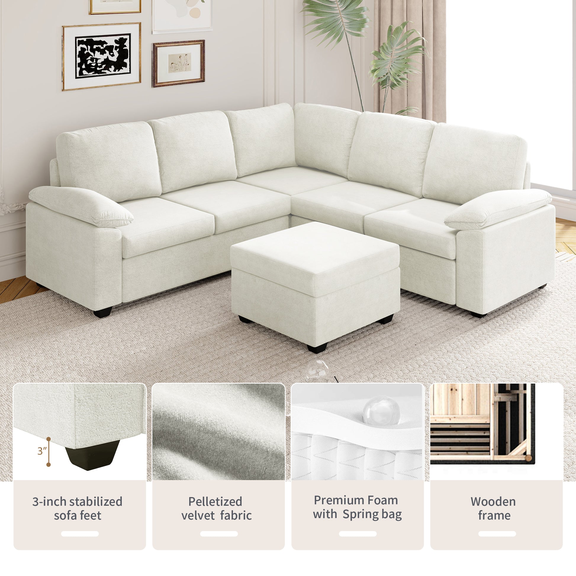 84*84" Modern Velvet Sectional Sofa Set,Large U Shaped Upholstered Corner Couch With Ottoman,Armrest Pillow,6 Seat Indoor Furniture For Living Room,Apartment,Office,2 Colors Beige Velvet 6 Seat