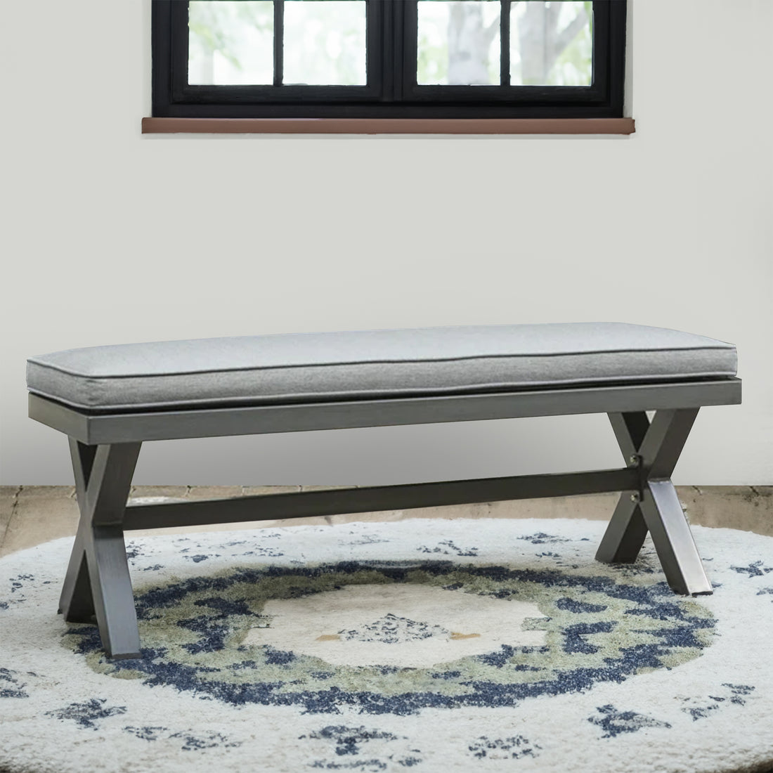 Asp 54 Inch Outdoor Bench, Gray Aluminum Frame, Soft Polyester Cushioning Gray Aluminum