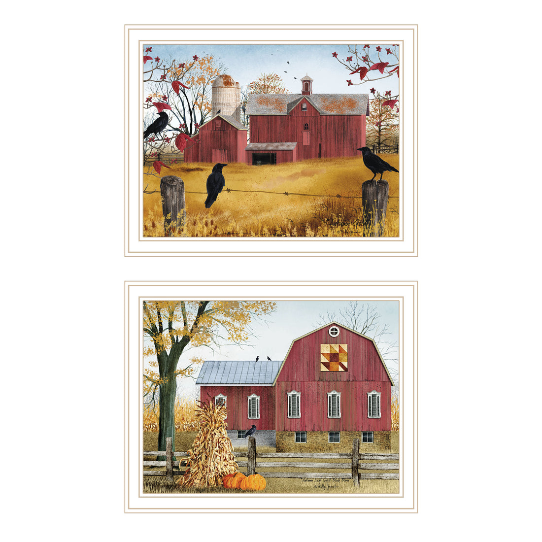 2 Piece Vignette Autumn Red Barns White Framed Wall Art For Living Room, Farmhouse Wall Art Print For Home Decor, Bedroom Wall Art By Billy Jacobs Multicolor Wood Paper