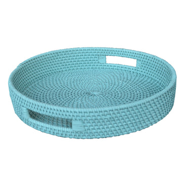 Handcrafted Rattan Lombok Coast Tray In Round Shape, Blue Blue Rattan