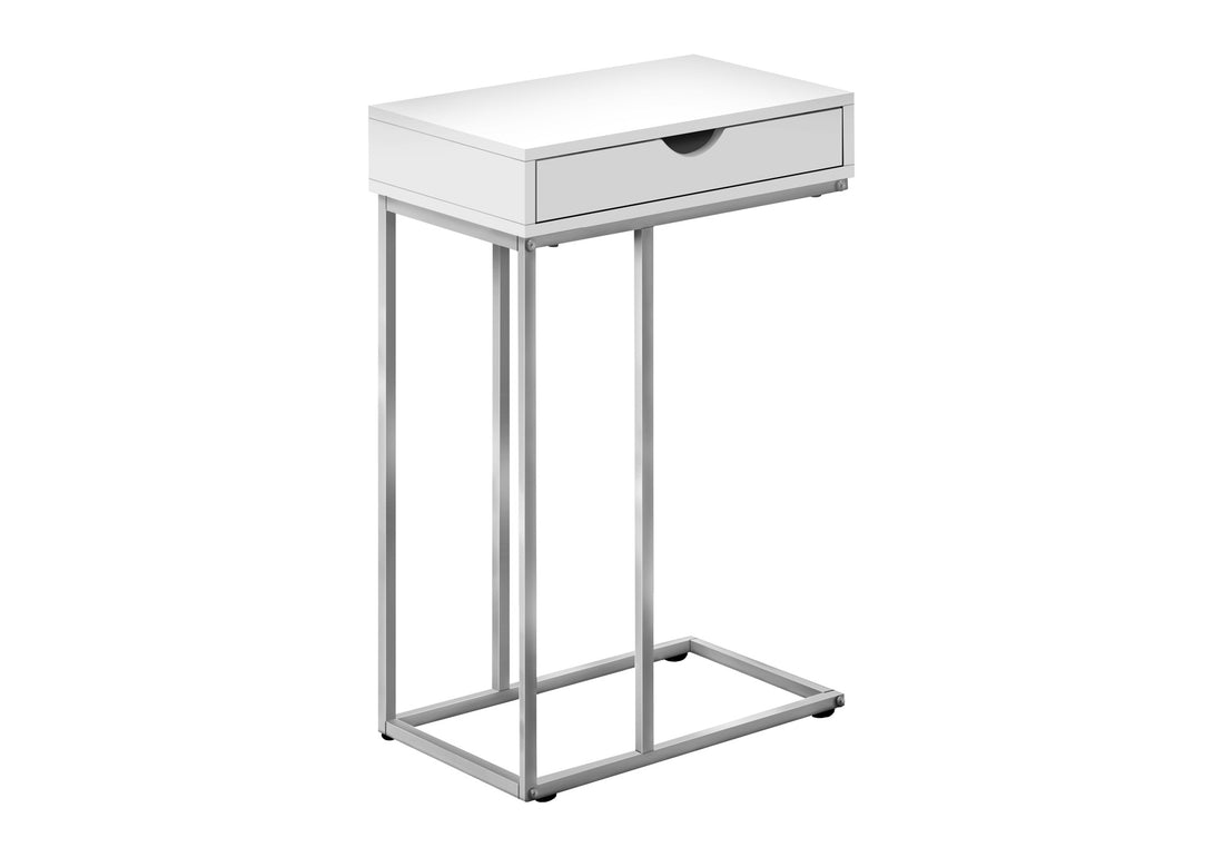 Accent Table, C Shaped, End, Side, Snack, Storage Drawer, Living Room, Bedroom, White Laminate, Grey Metal, Contemporary, Modern White Particle Board