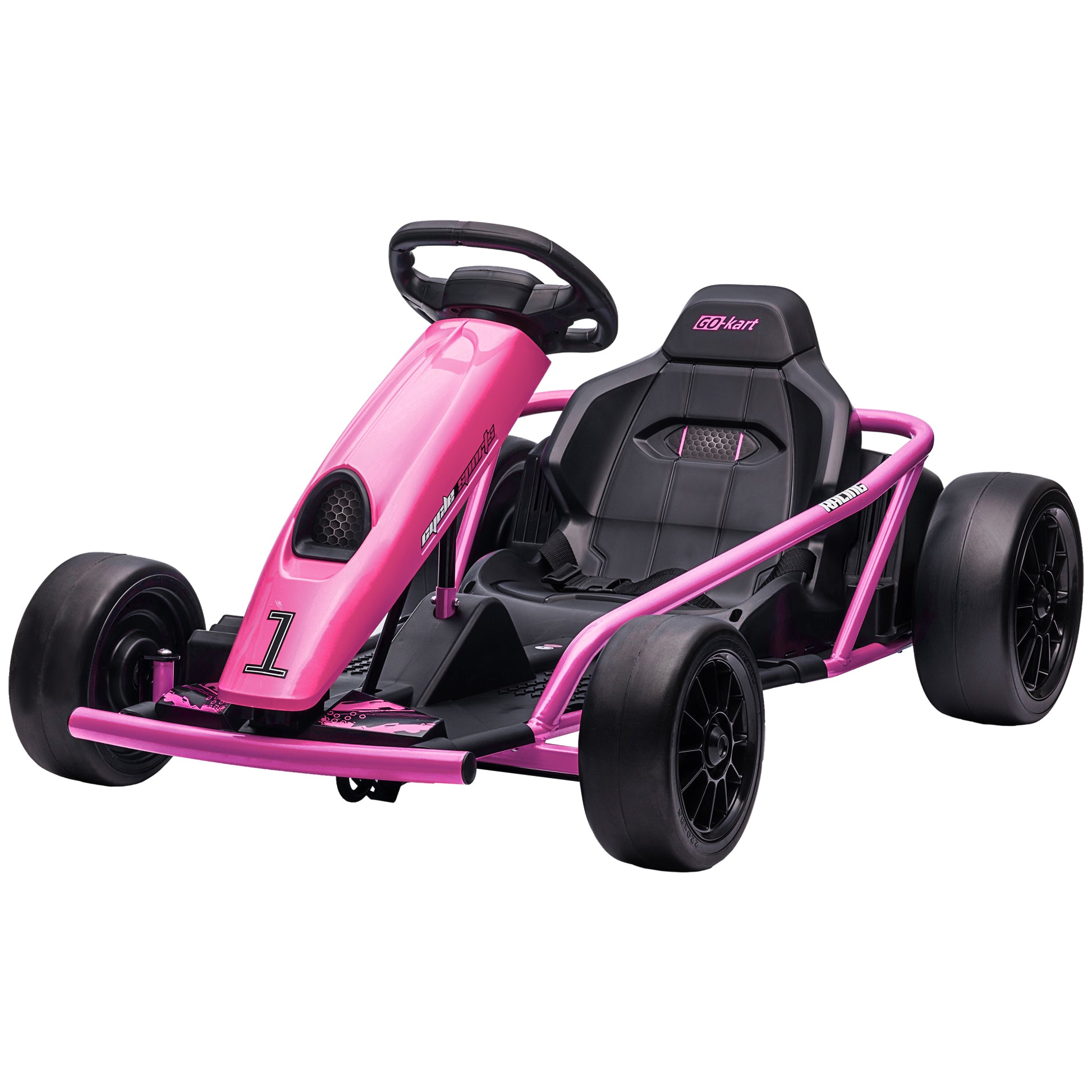 Aosom 24V 8.1 Mph Electric Go Kart, Drifting Car Battery Powered Ride On Toy Outdoor With Slow Start, Music, Horn Honking And Safety Belt, For 8 12 Years Old, Pink Pink Plastic