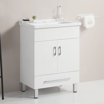 24 Inch Double Doors With Drawers White Bathroom Cabinet With Ceramic Sink White Solid Wood