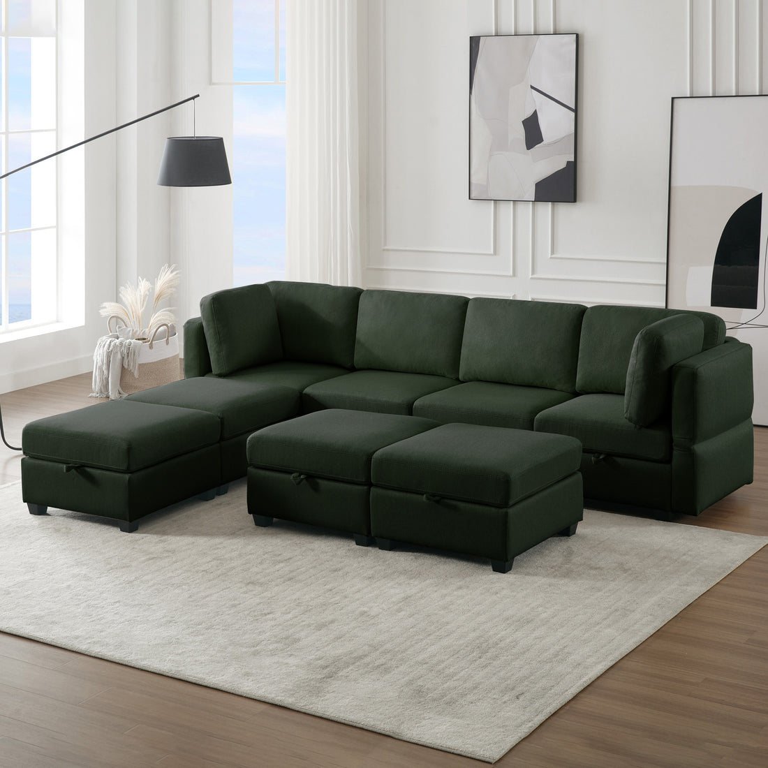 Adjustable Arms And Backs Sectional Sofa, Modern Sectional Couch U Shaped Sofa Couch With Storage Ottoman, Sofa With Convertible Chaise Green Green Polyester 4 Seat
