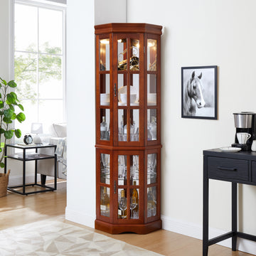 Corner Curio Cabinet With 5 Shelves And Lighting System, Walnut E26 Light Bulb Not Included Walnut Mdf