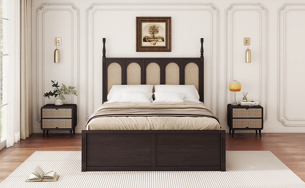 Queen Size Rattan Platform Bed With With 2 Big Drawers, T Size Trundle, Espresso Queen Espresso Plywood