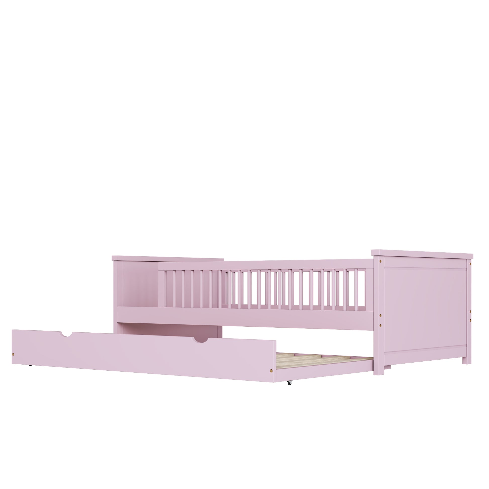 Wood Twin Size Platform Bed With Guardrail And Trundle, Pink Box Spring Not Required Twin Pink Wood Bed Frame Solid Wood Mdf