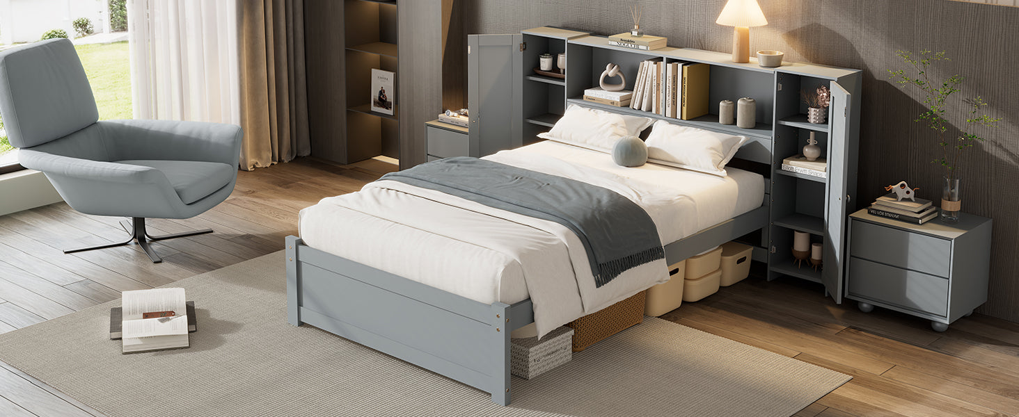 Twin Size Platform Bed With Storage Headboard And Lockers, Gray Twin Box Spring Not Required Gray Wood Bedroom Solid Wood Mdf
