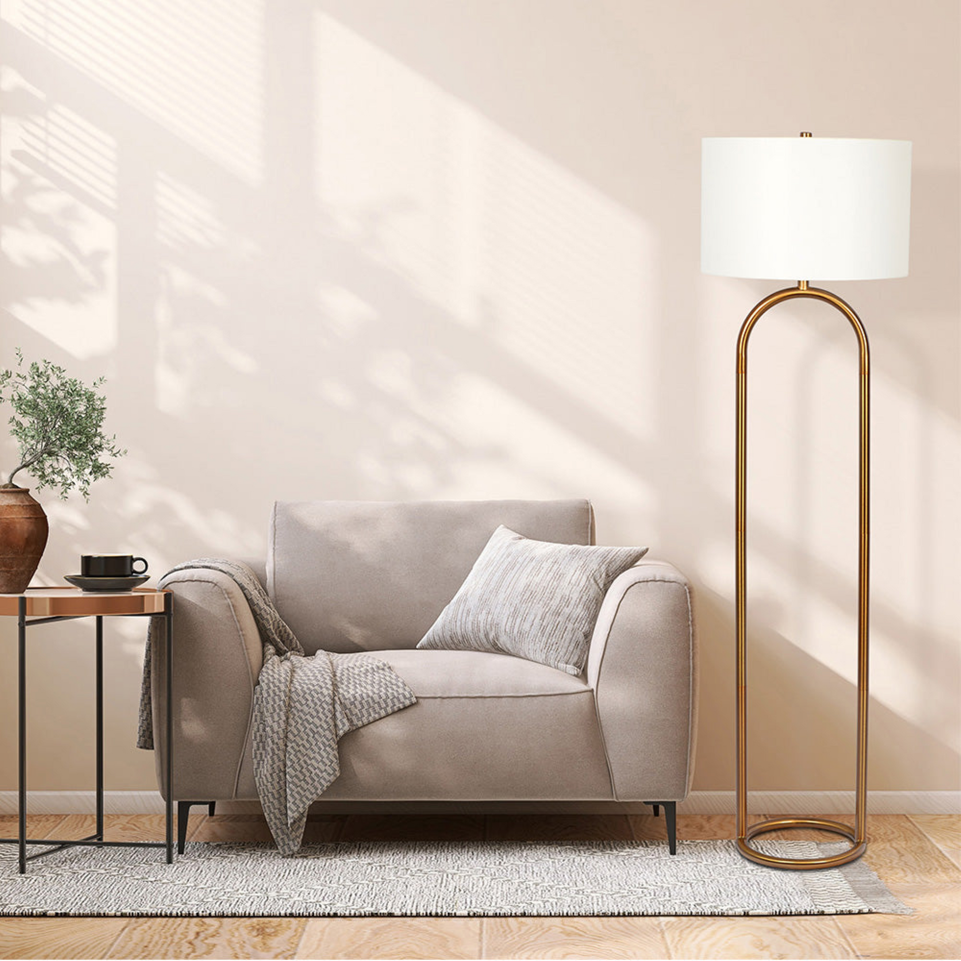 Vivid Brass Ring Base Floor Lamp With Large White Drum Shade Antique Brass,White Table&Floor Lamps Brass