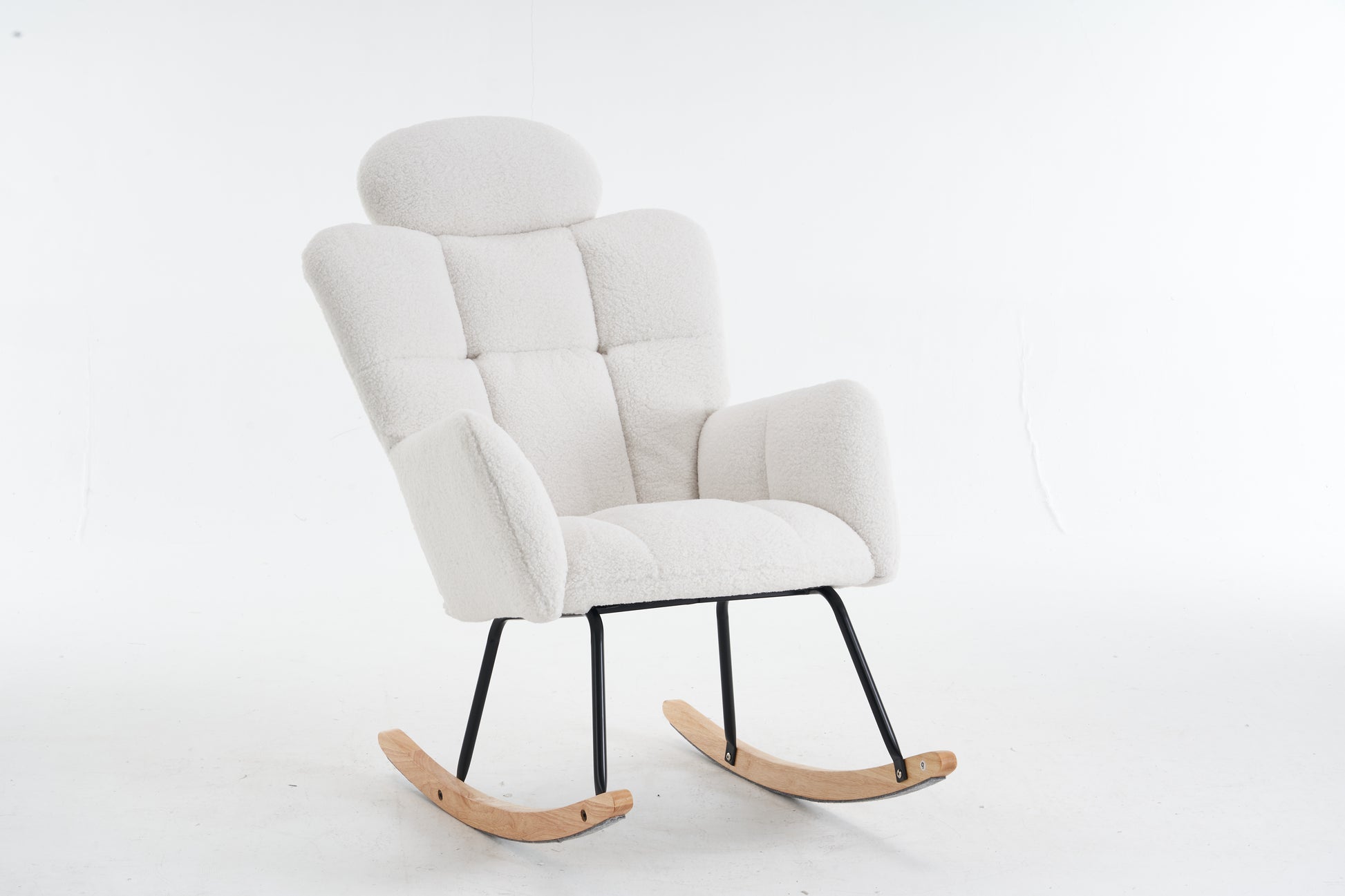 055 Teddy Fabric Upholstered Nursery Rocking Glider Chair Mid Century Modern Accent Arm Chair Padded Seat With High Backrest And Pillows For Living Room Bedroom Offices Ivory Teddy Headrest Solid