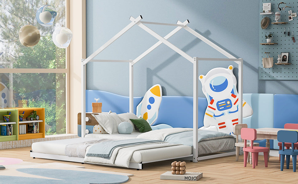 Metal Twin Size House Platform Bed With Trundle, White Box Spring Not Required Twin White Metal Bed Frame Metal