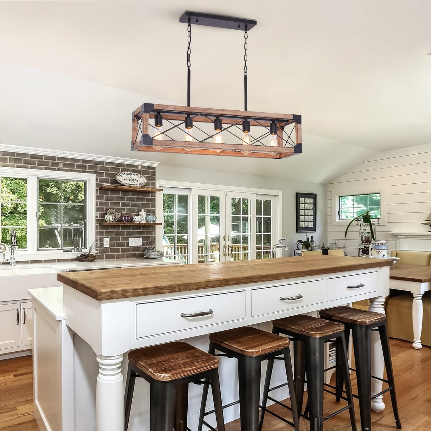 Farmhouse Kitchen Island Lighting, 5 Light Dining Room Light Fixture, Farmhouse Linear Chandelier With Solid Wood For Dining Room Kitchen Bar Pool Table Wood Wood Metal