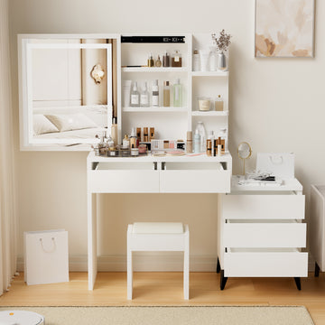 45.3" Long Large Vanity Desk With Mirror And Lights For Makeup And Chair, Vanity Mirror With Lights And Table Set With 3 Color Lighting Brightness Adjustable, 5 Drawers, White Color White 5 Drawers