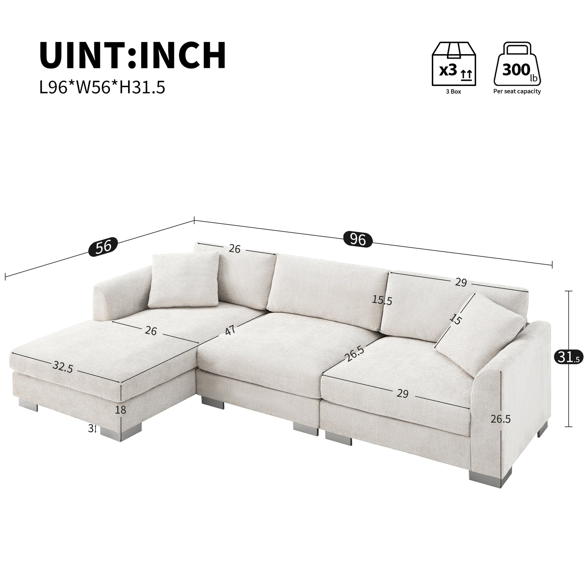 96*56" Modern Cloud Sectional Sofa,L Shaped Luxury Couch Set With 2 Free Pillows,4 Seat Chenille Indoor Furniture With Oversized Chaise For Living Room,Apartment,Office,3 Colors Minsk Gray Chenille