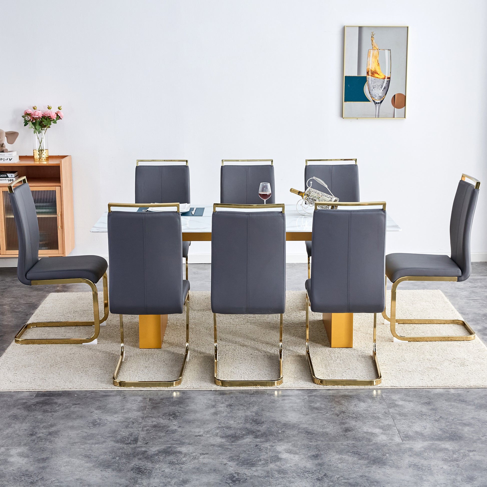 Table And Chair Set.Large Modern Rectangular Table With 0.4 Inch Patterned Glass Tabletop And Large Mdf Table Legs.Comes With 8 Chairs With Faux Leather Cushioned Seats And Golden Metal Legs. Gold White Seats 8 Mdf Glass