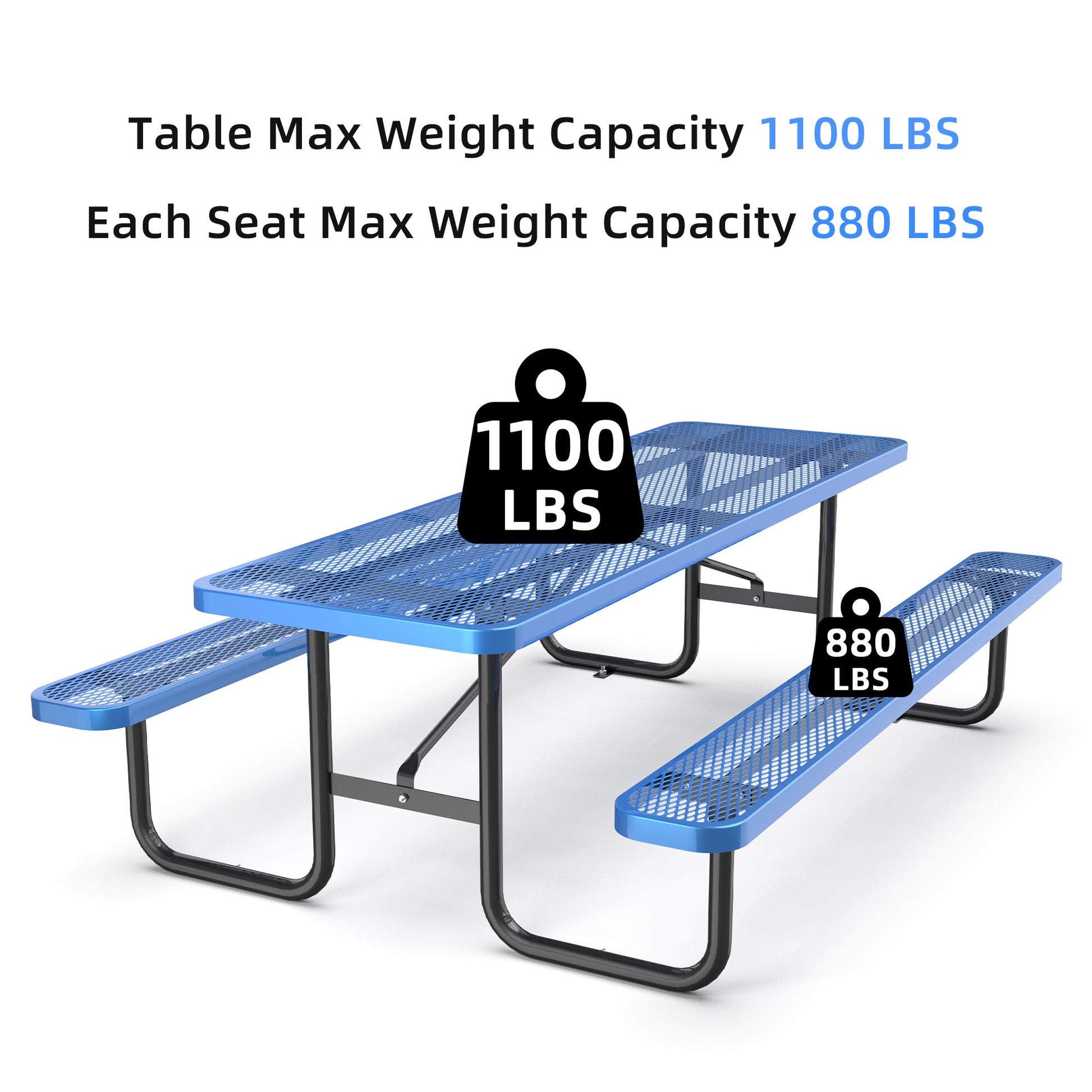 96" Expanded Metal Rectangular Picnic Table, Blue Blue Steel Steel