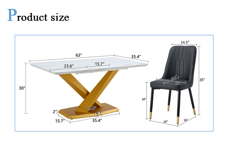 Table And Chair Set.The Table Is Equipped With A Marble Patterned Mdf Tabletop And Gold Table Legs.Paired With 6 Black Chairs With Pu Cushions And Black Metal Legs. Black Gold Seats 6 Mdf Metal