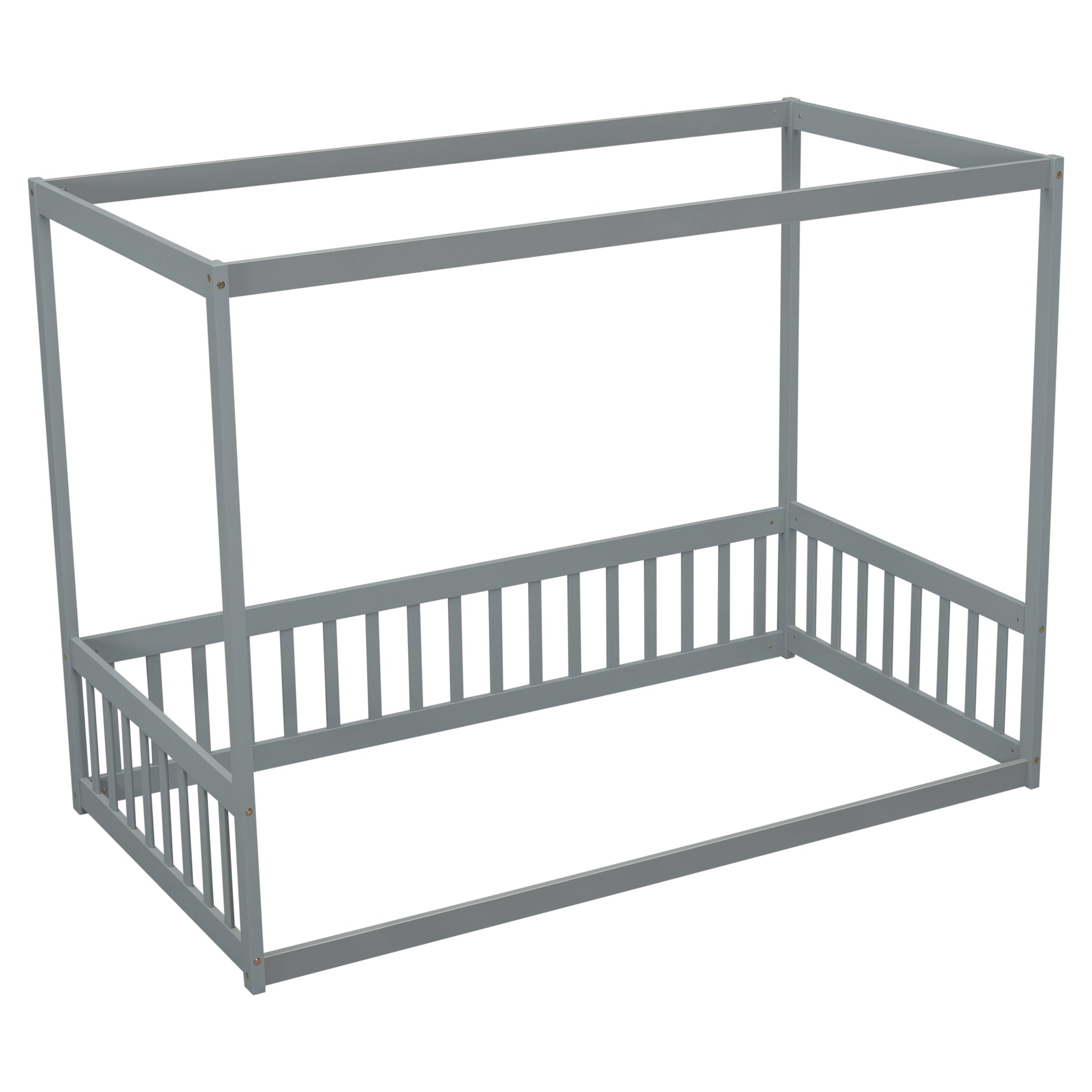 Twin Size Canopy Frame Floor Bed With Fence, Guardrails,Grey Twin Grey American Design Pine