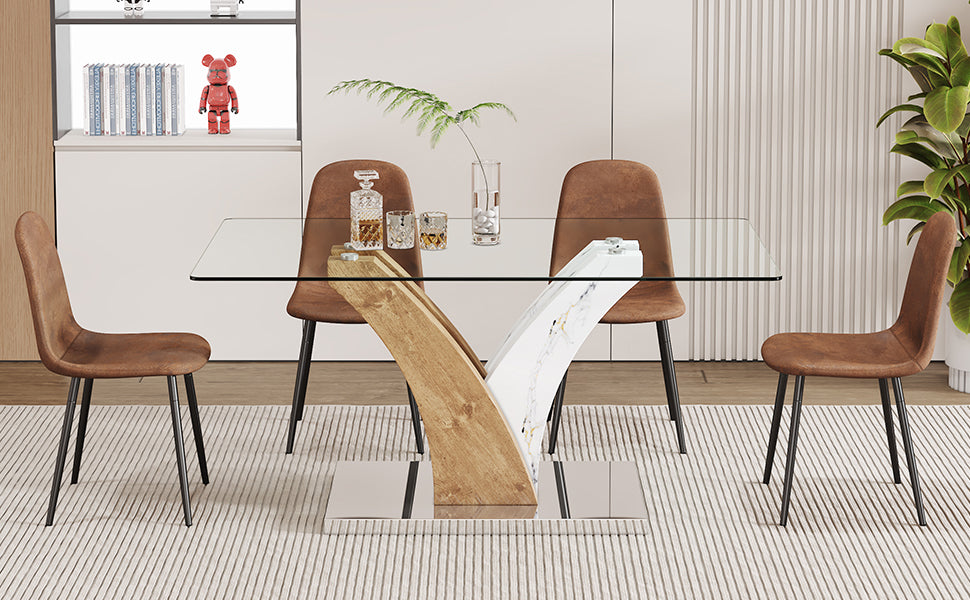 Table And Chair Set.Modern Dining Table, Tempered Glass Countertop With Artistic Mdf Legs.Paried With 4 Brown Chairs With Soft Linen Fabric Cushions And Black Metal Legs.Suitable For Various Styles. Black Brown,Transparent Seats 4 Mdf Metal