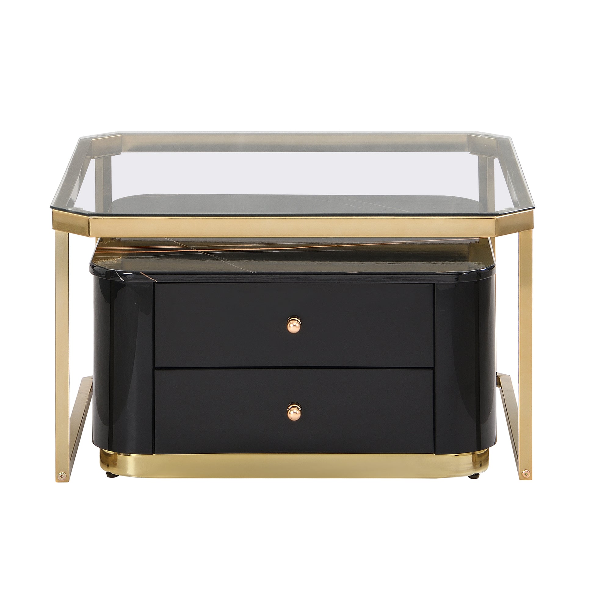 Modern 2 Pieces Black Square Nesting Coffee Table With Drawers & Electroplated Gold Legs In 27.6'' Golden Black Drawers Coffee & End Tables Glossy Square Mdf Glass Mdf Pedestal