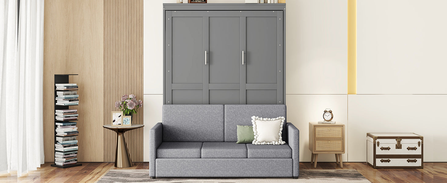 Queen Size Murphy Bed Wall Bed With Cushion,Gray Queen Gray Mdf Lvl