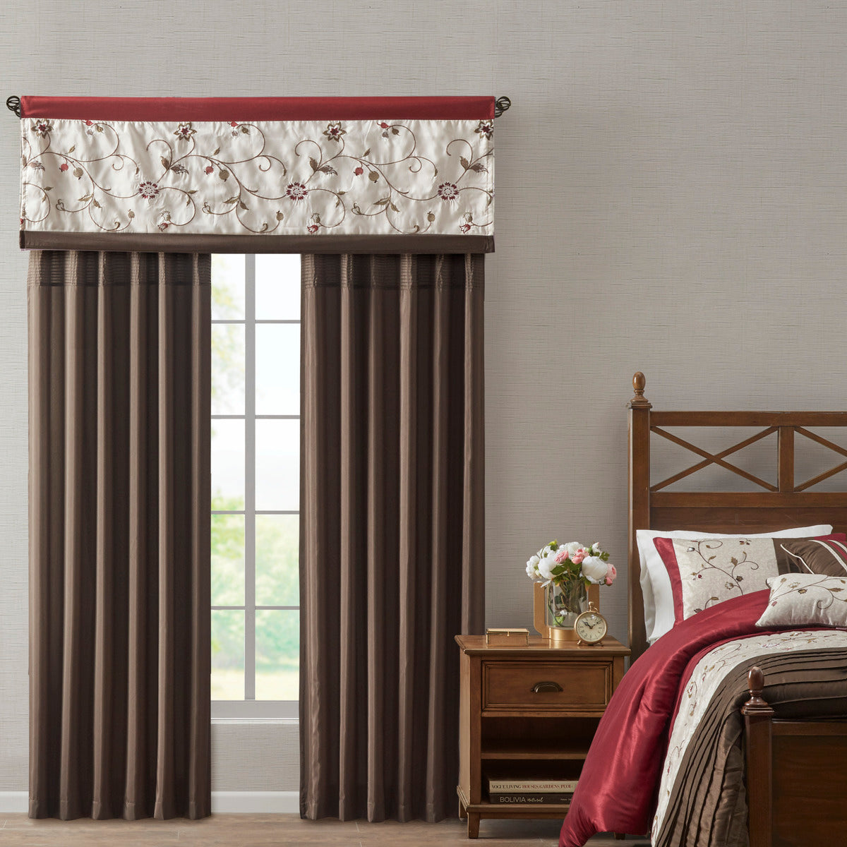 Embroidered Window Valance Red 50X18" Red Polyester