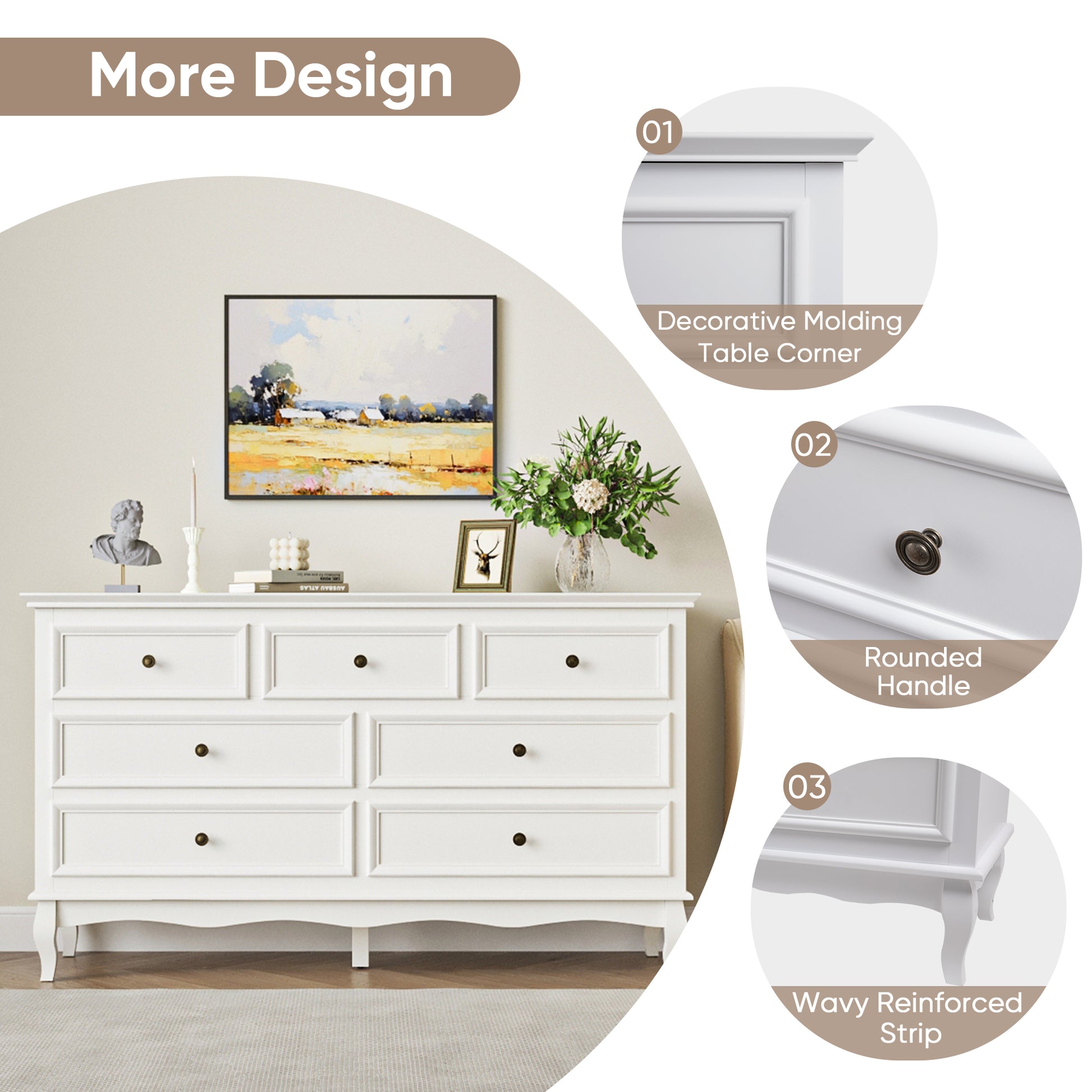 7 Drawer Dresser For Bedroom, Modern Solid Wood Large Storage Cabinet, Simple White Chest Of Drawer White White Wood