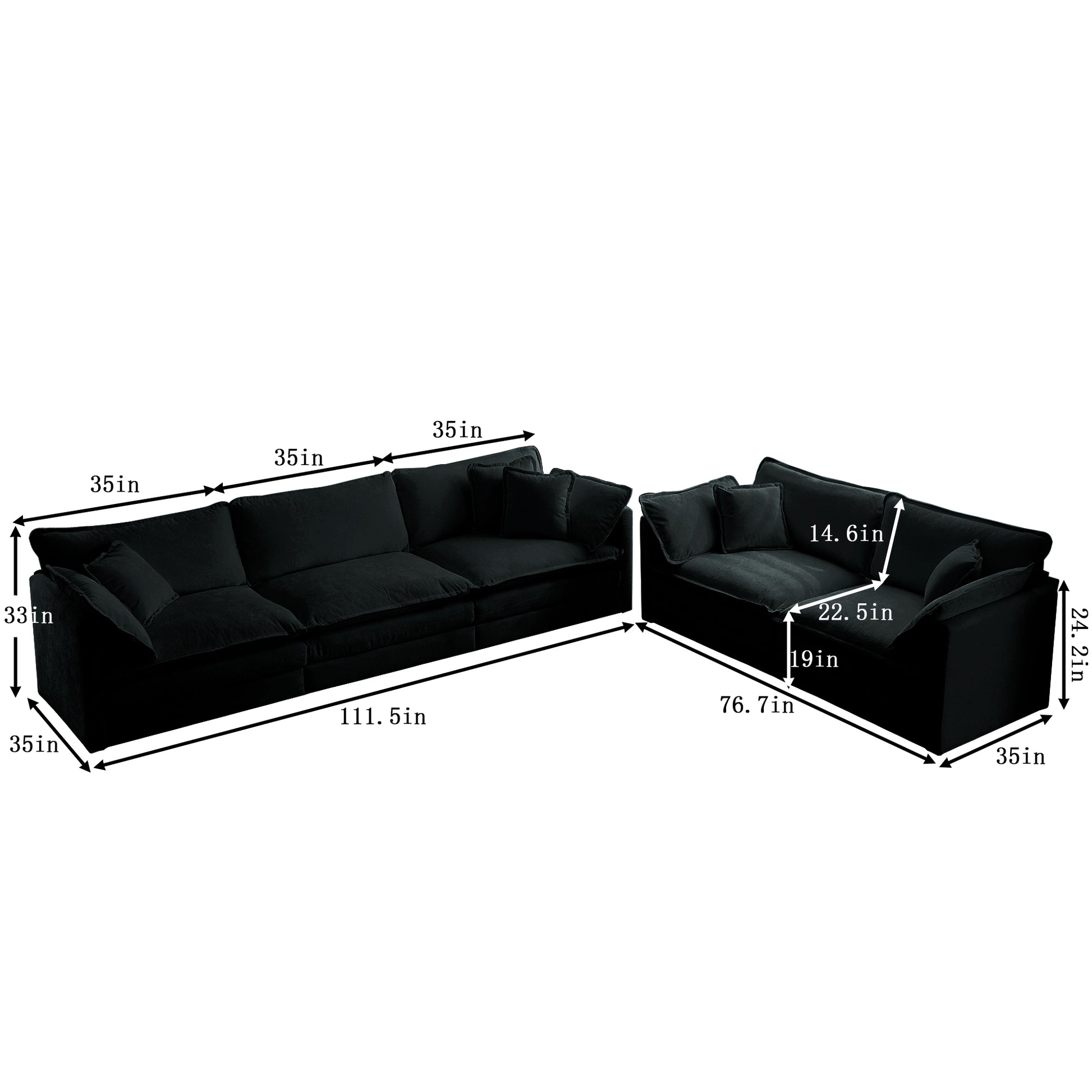Sofa Set Of 2 Chenille Couch, 2 3 Seater Sofa Set Deep Seat Sofa, Modern Sofa Set For Living Room, Black Chenille Black Chenille 5 Seat
