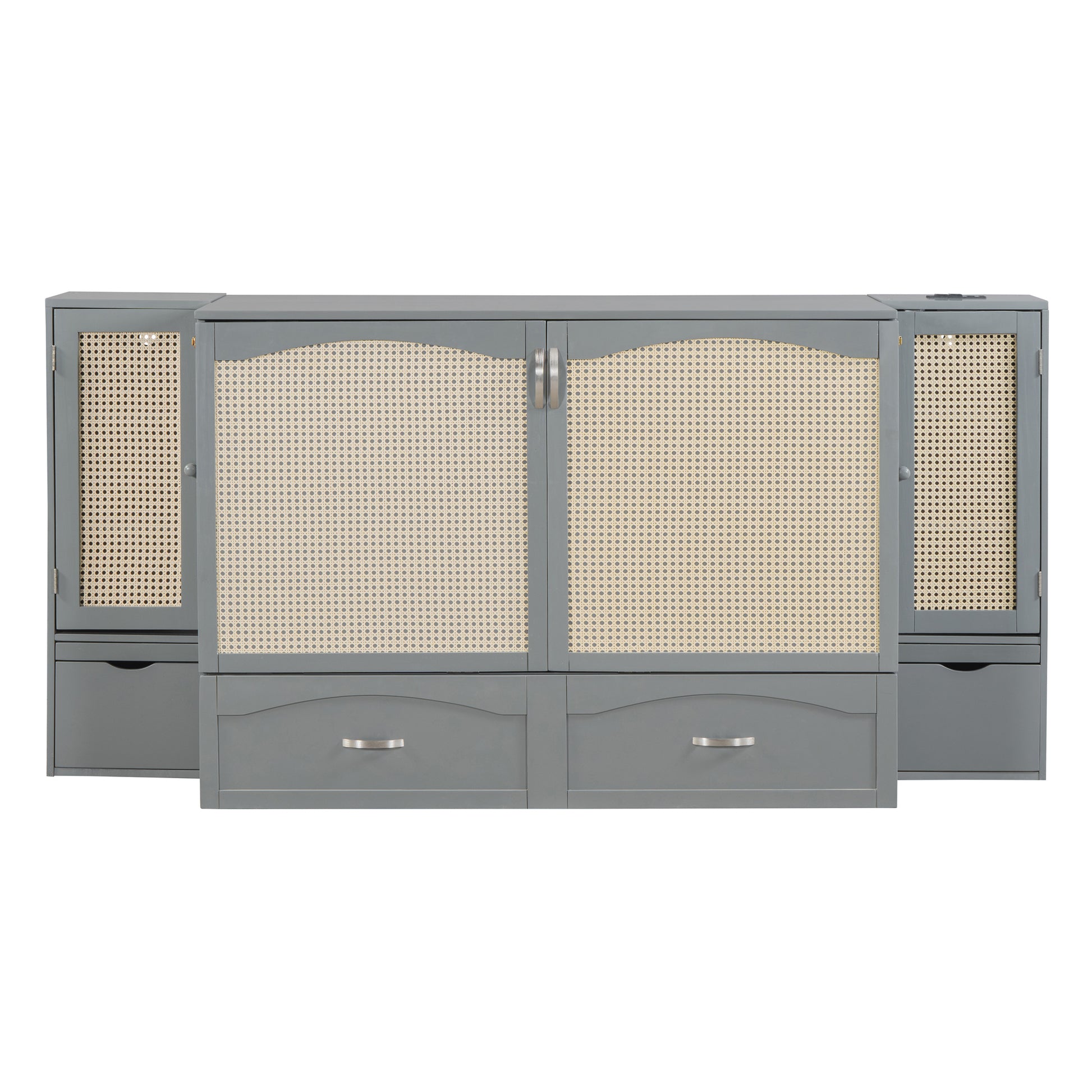 Queen Size Murphy Bed Wall Bed With Drawer And Rattan Decoration With 2 Storage Cabinets, One Set Of Sockets & Usb Ports, Pulley Structure Design, Gray Queen Gray Plywood