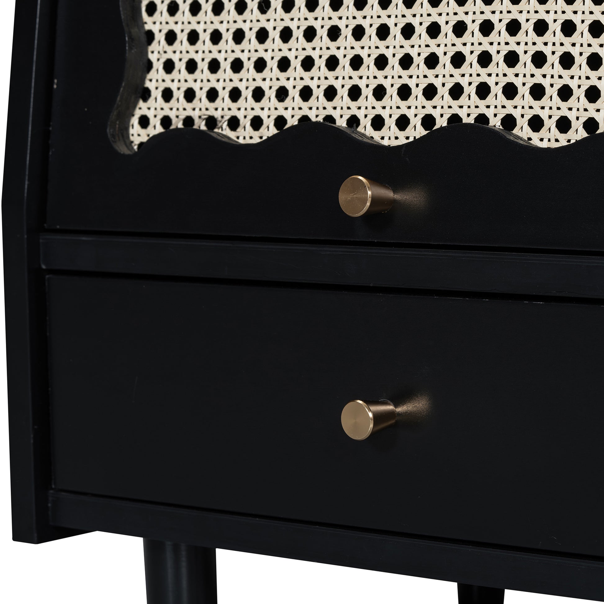 Wooden Nightstand With Rattan Woven Storage Cabinet And 1 Drawer, Exquisite Elegance With Natural Storage Solutions For Bedroom, Black Black 1 Drawer Wood