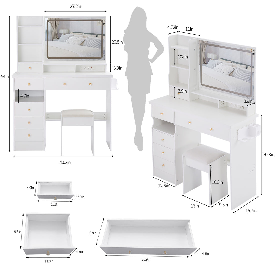 41" Large Size Left Drawer Desktop Vanity Table Cushioned Stool Dresser Set, 2 Ac 2 Usb Power Station, Hair Dryer Stand, Extra Large Touch Control Led Mirror, 3 Color Switch, Epa, Gcc, Ul