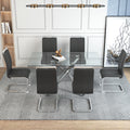 Table And Chair Set.Modern Luxurious Transparent Tempered Glass Dining Table Set.Paried With 6 Dark Gray Chairs With Pu Cushion And Silver C Tube Metal Legs. Dark Gray,Transparent Seats 6 Glass